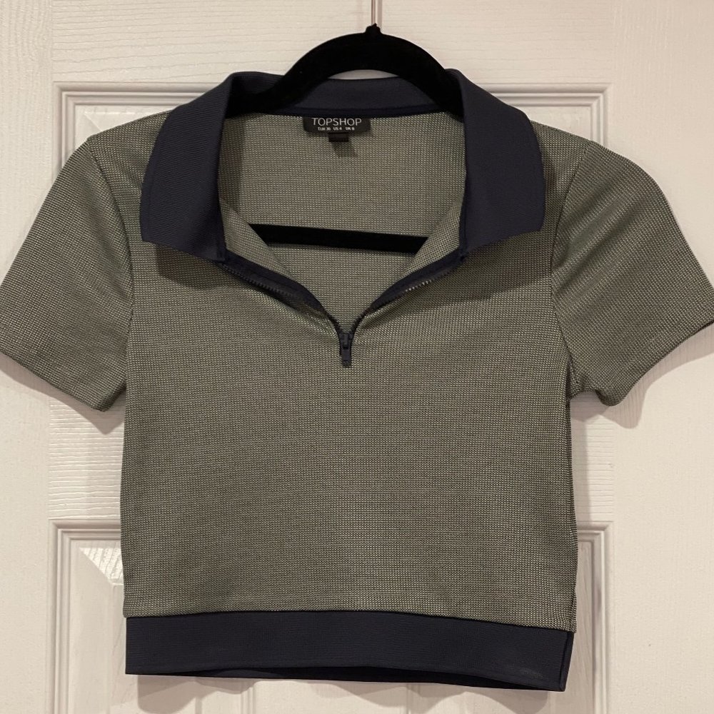 Topshop Navy and Olive Cropped Collar Top